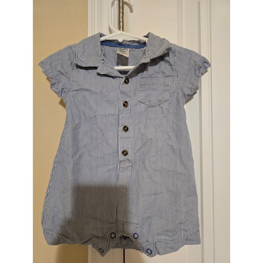 Carters Romper Button Up Collar Baby Boy 6 Month Blue and White Pin Stripe
